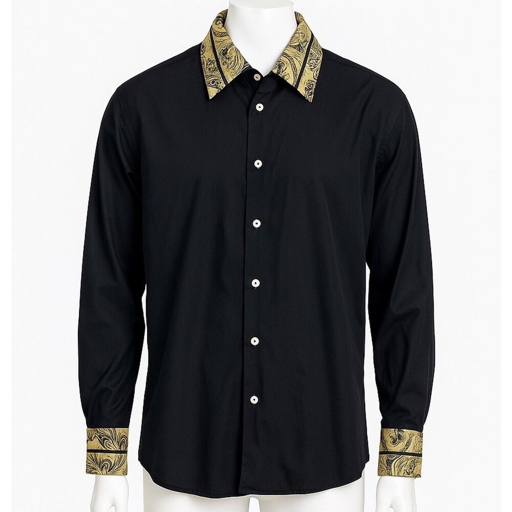 Dolce Guava Milano Black & Gold Paisley Detailed Designer Dress Shirt Men’s XL